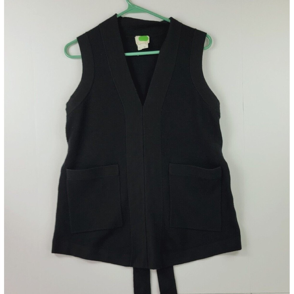 Anthropologie Sweater Womens M Black V-neck belted Tunic Top pockets sleeveless